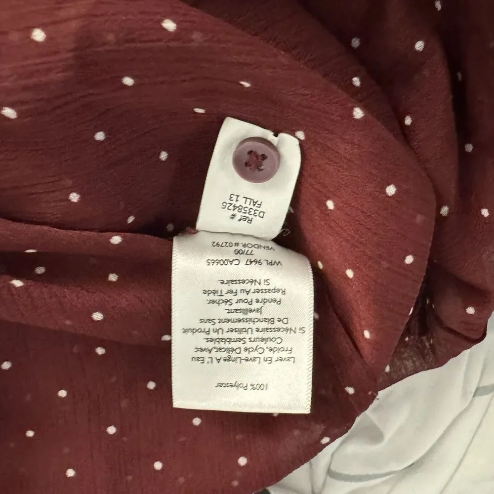 Eddie Bauer L Burgundy Long Sleeve Semi‎ Sheer Blouse Button Up Polka Dots - Picture 15 of 16